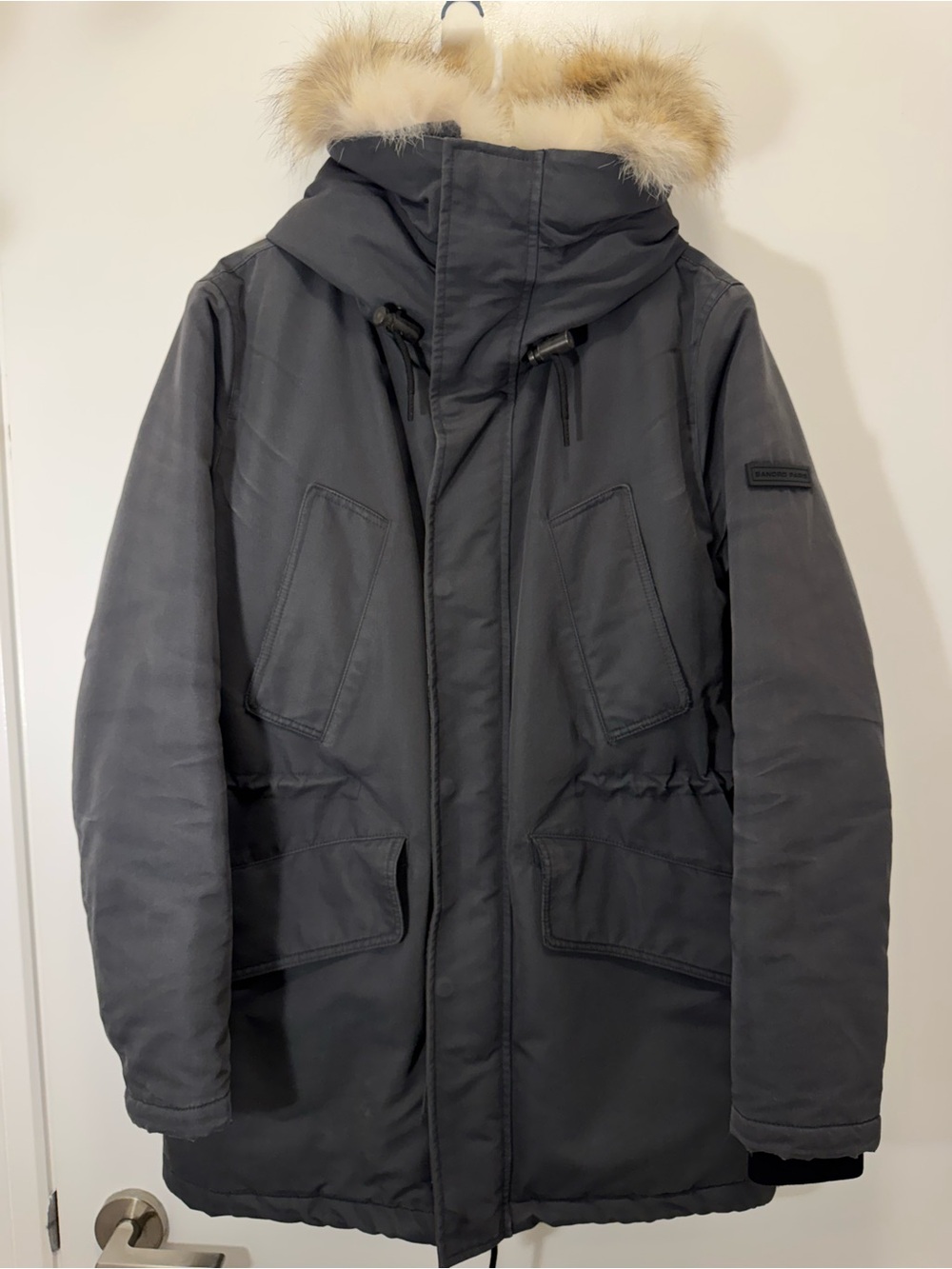 Sandro Paris Men Anthracite Grey Parka Coyotes Fur-Trim Hood | Size Medium